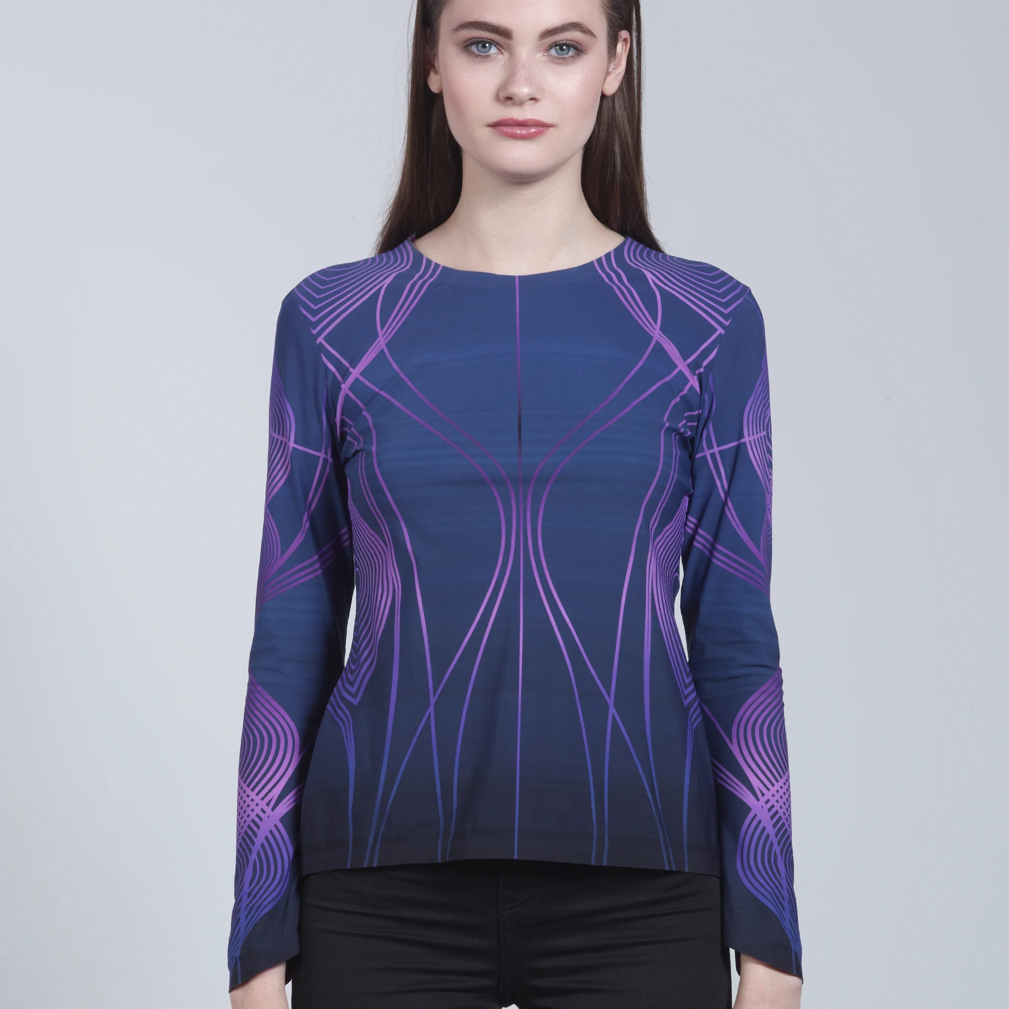 Close-up of the HugShirt’s purple pattern and digitally printed touch areas