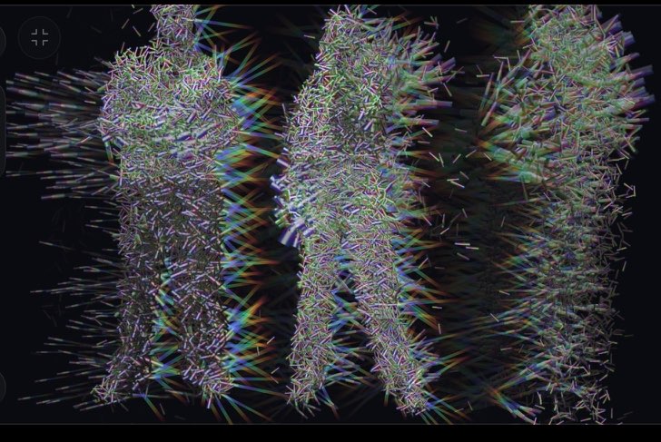 Three human figures formed from trails of multicoloured prisms in Made of Light