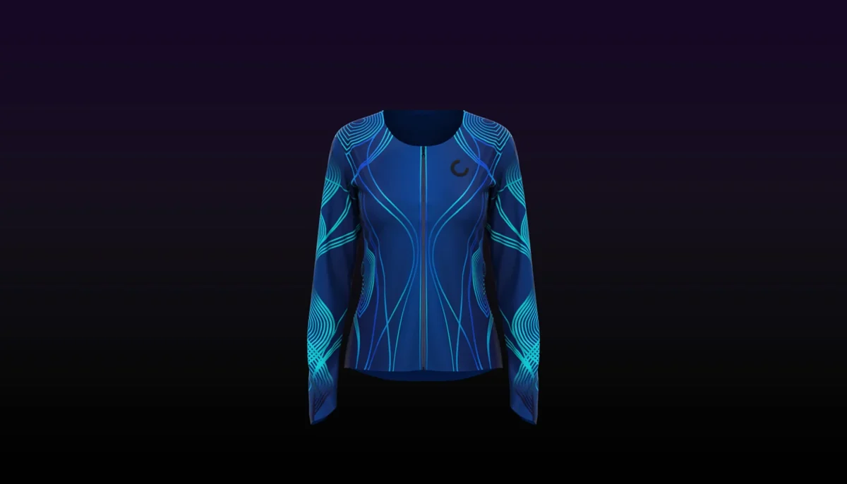 The blue SoundShirt with its integrated haptic technology