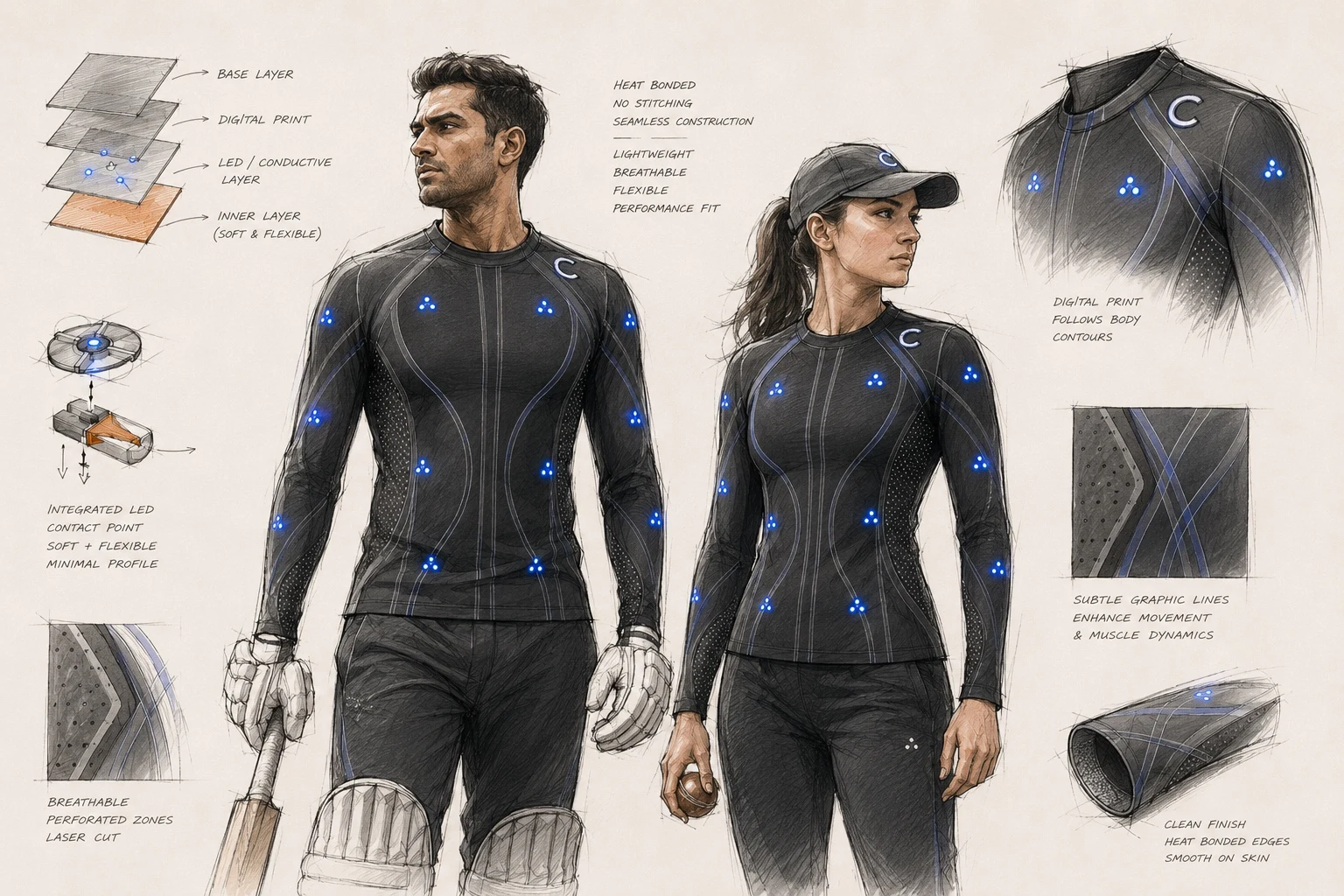 CuteCircuit concept sketch showing two SoundShirts for cricket, layered construction and integrated technology details